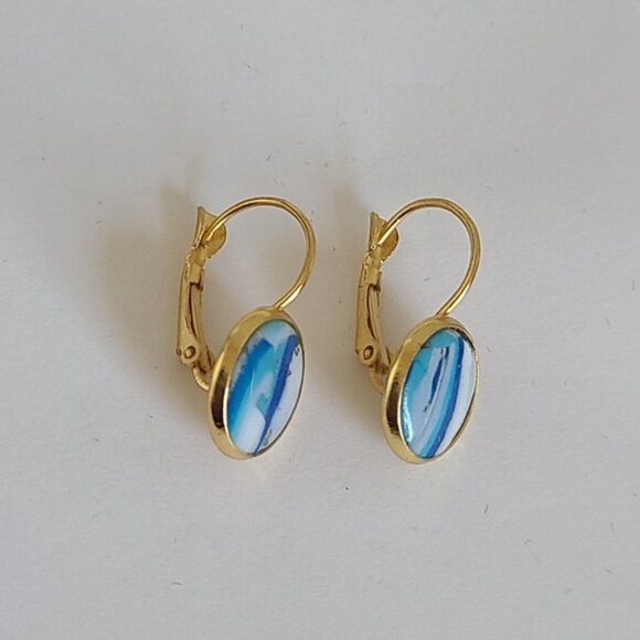 Hand Crafted Boho Gold Blue White Gemstone Marble Circle Drop Dangle Earrings - Picture 10 of 14